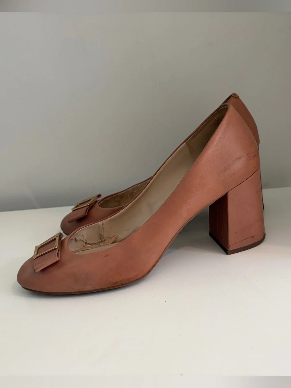 Cole Haan Women Emory Leather Tan Round-Toe Block-Heel Pump Buckle Bow - Size 11